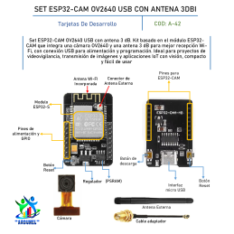 SET ESP32-CAM OV2640 USB CON ANTENA 3DBI